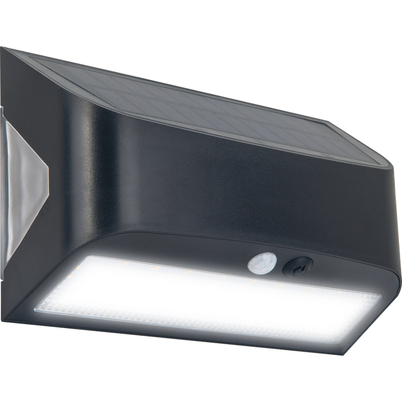 Luceco Prysm Wall Light - Prysm Decorative Outdoor Solar Wall Light with PIR Motion Sensor and USB Charging Port, LED Exterior Lighting, Black, IP54, 6W, 600lm, 4000K