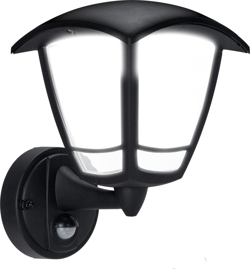 Luceco Coach Lantern - Exterior LED PIR Coach Lantern 4 Panel Bottom Arm 640lm 8w 4000k Ip44 Black