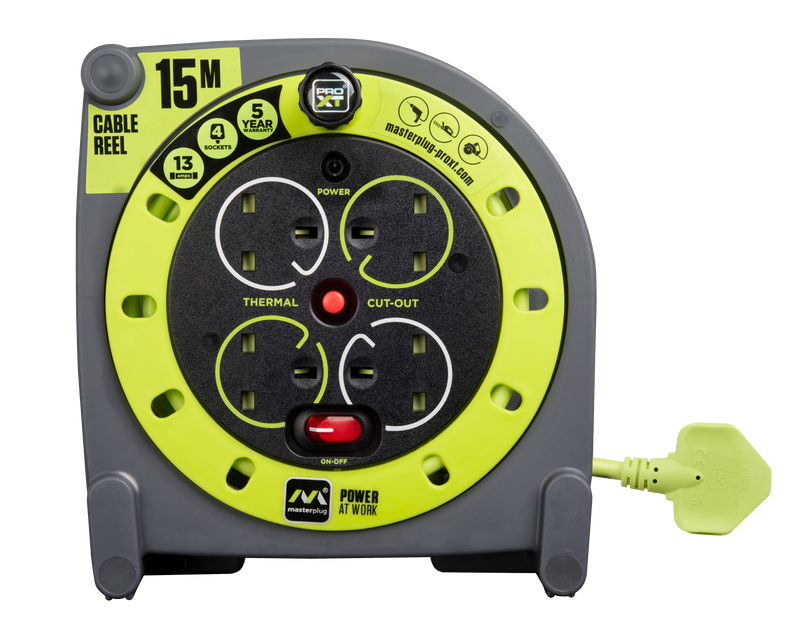 Masterplug Pro XT - 15m, 4 Sockets, 13A, Grey + Green