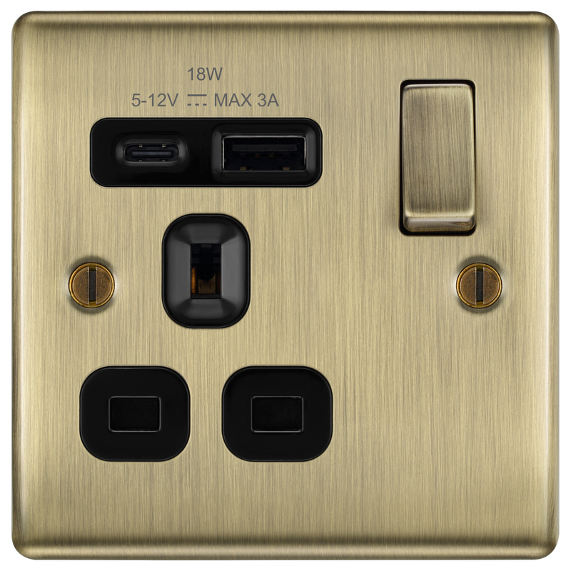 BG Electrical Nexus Metal Antique Brass - Single, switched, single pole, with 1 x USB A + 1 x USB C