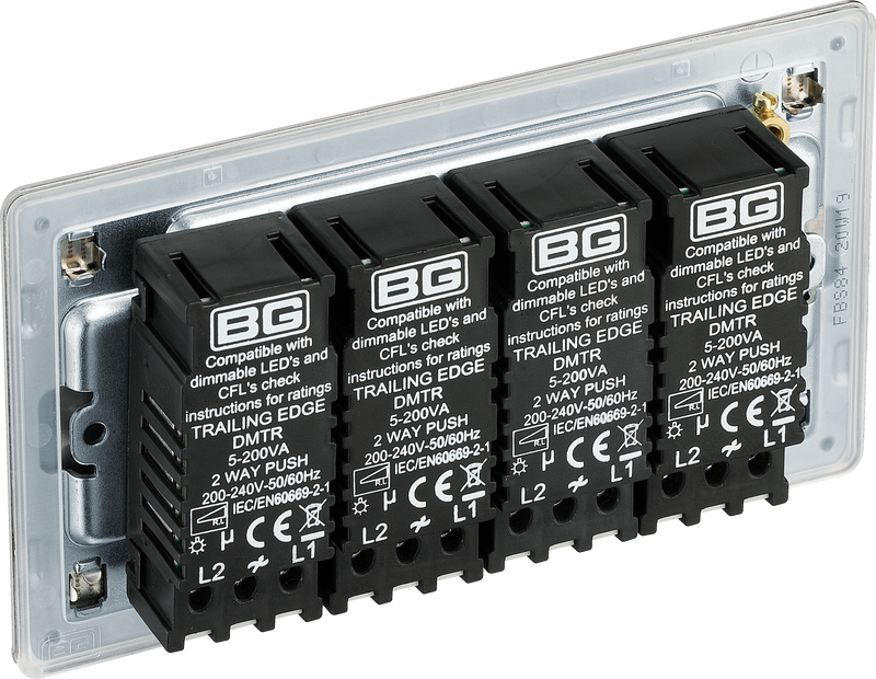BG Electrical Flatplate Screwless Brushed Steel - Quadruple 2 way push 200W