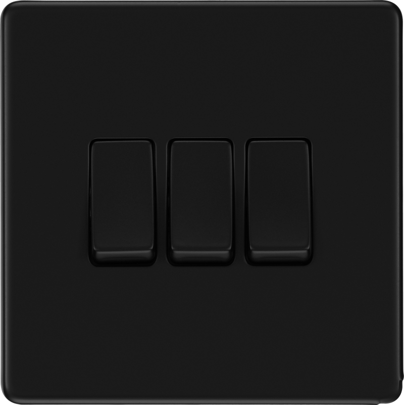 BG Electrical Flatplate Screwless Matt Black - Triple, 2 way switch