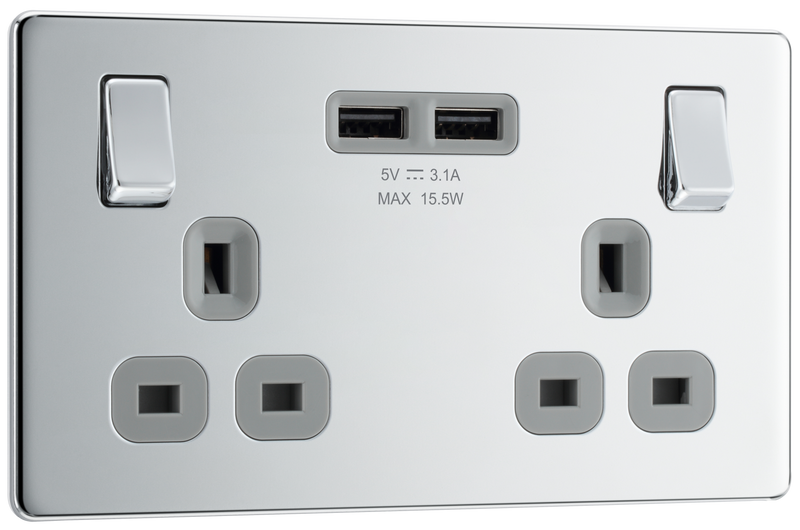 BG Electrical Flatplate Screwless Polished Chrome - Double switched, single pole, with 2 x USB A