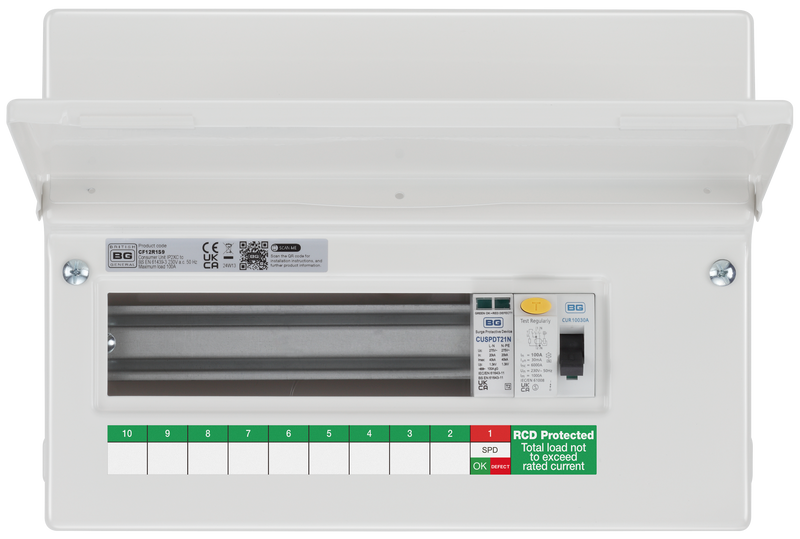 BG Circuit Protection RCD Incomer - 12 module, 9 way, 100A Type A RCD, Type 2 SPD