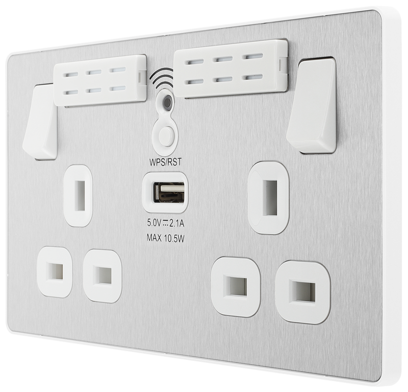 BG Electrical Evolve Brushed Steel - Double, switched, single pole, WiFi Extender + USB A