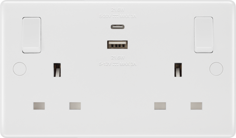 BG Electrical 800 Series - Double switched single pole, with USB A + C (22W)