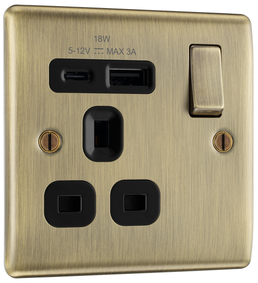 BG Electrical Nexus Metal Antique Brass - Single, switched, single pole, with 1 x USB A + 1 x USB C