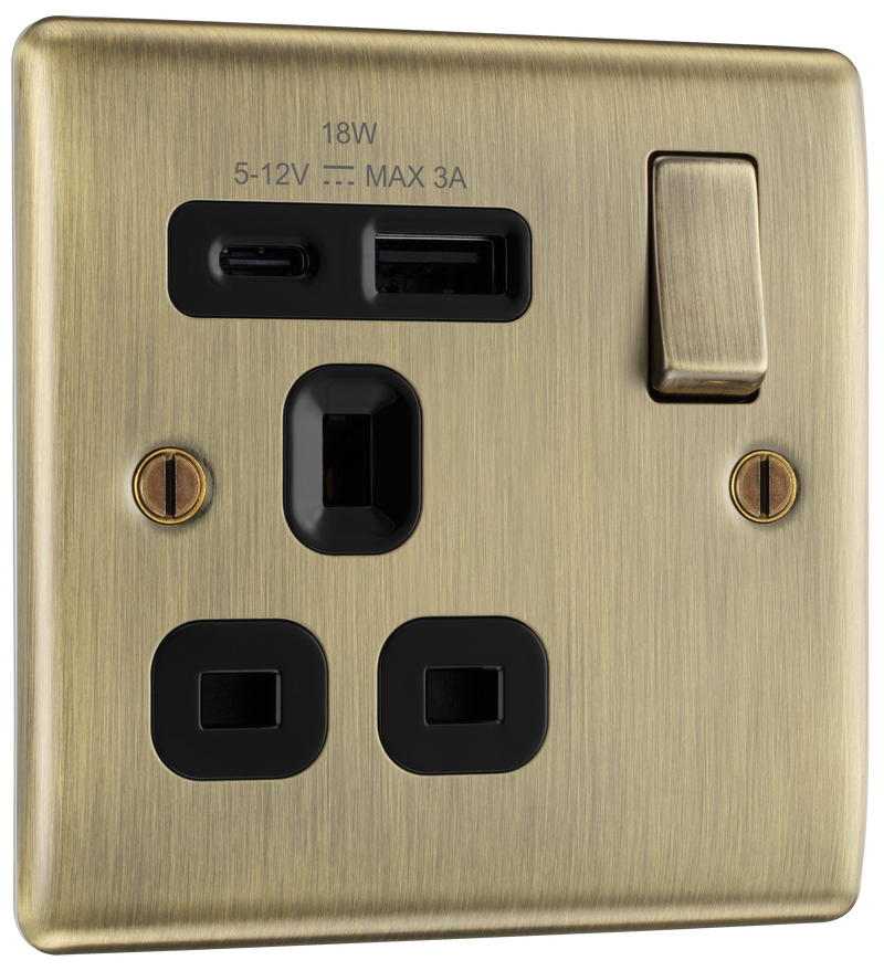 BG Electrical Nexus Metal Antique Brass - Single, switched, single pole, with 1 x USB A + 1 x USB C