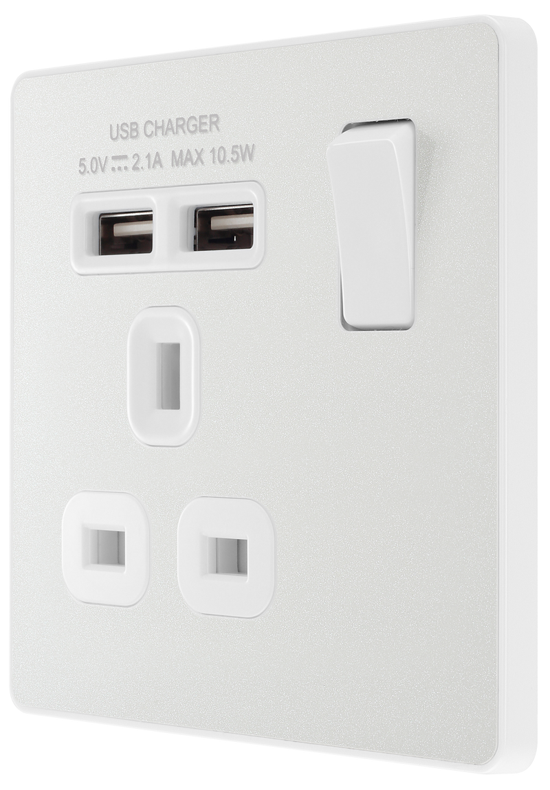BG Electrical Evolve Pearlescent White - Single, switched, single pole, with 2 x USB A