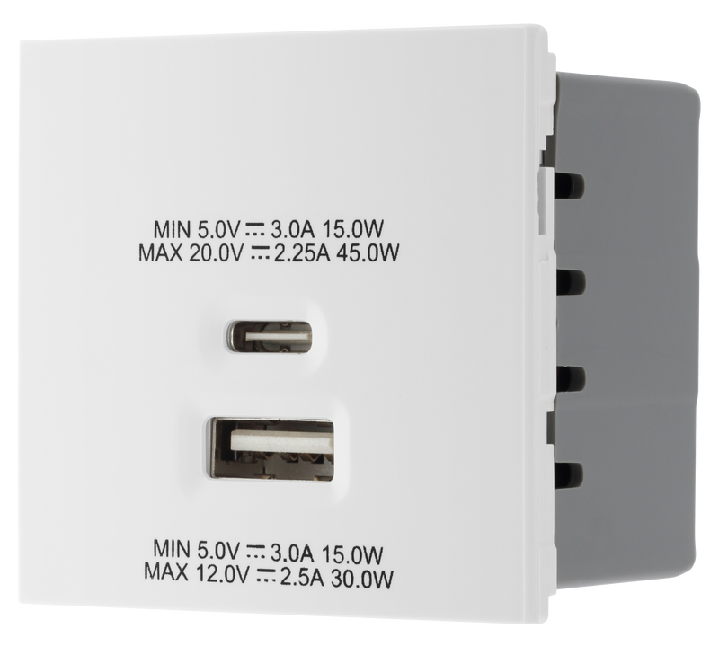 BG Electrical Euro Module - 45W USB A+C Euro Module - White
