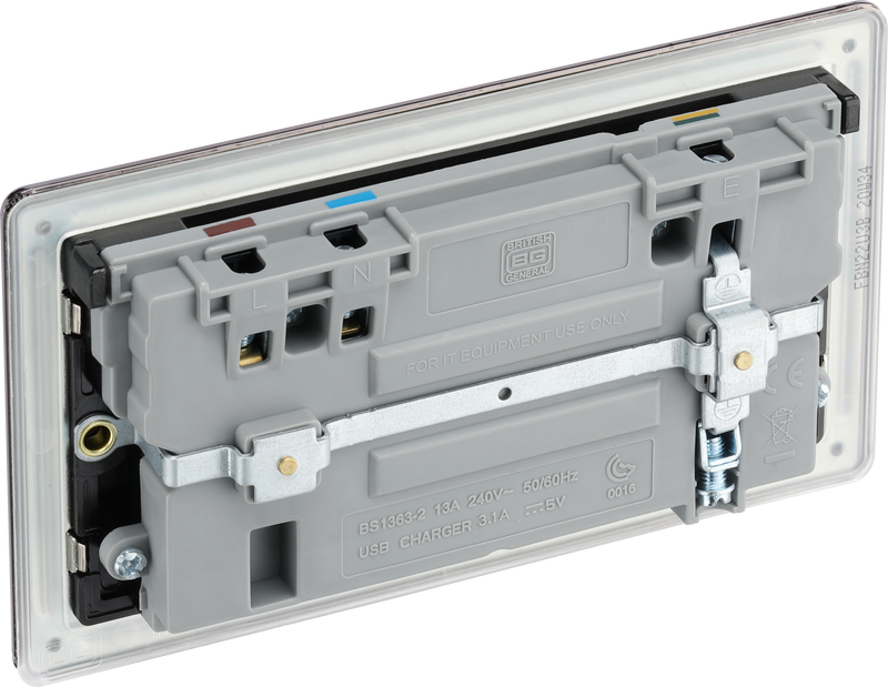 BG Electrical Flatplate Screwless Black Nickel - Double switched single pole, with 2 x USB A