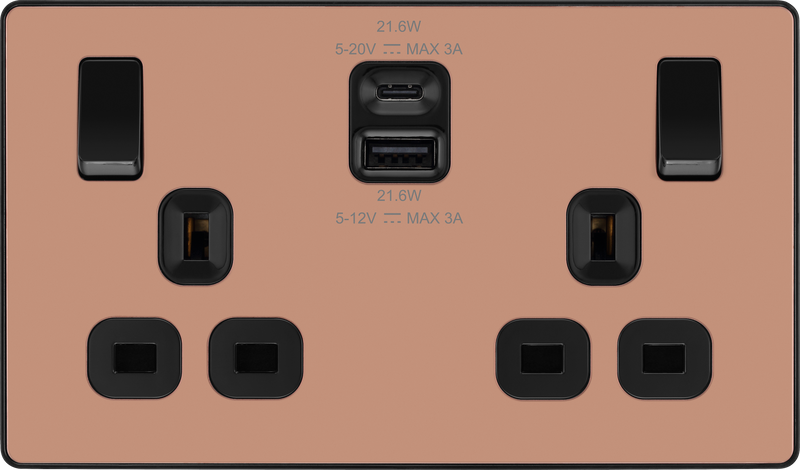 BG Electrical Evolve Polished Copper - Double switched single pole, with USB A + C (22W)