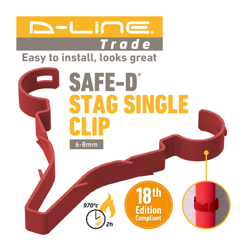 D-Line Fire Clip - Safe-D Stag-Clip for 1x 6-8mm φ cable. Single, Red - Pack of 100