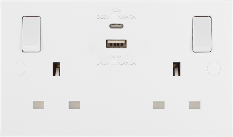 BG Electrical 900 Series - Double switched single pole, with USB A + C (45W)