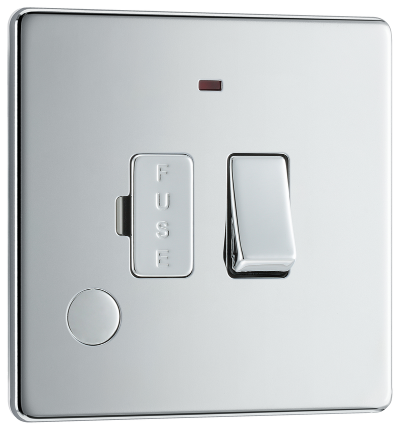 BG Electrical Flatplate Screwless Polished Chrome - Switched and fused with indicator and flex outlet