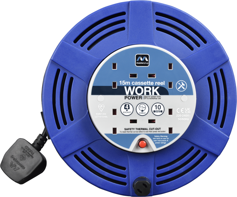 Masterplug Work - 15m, 4 Sockets, 10A, Blue