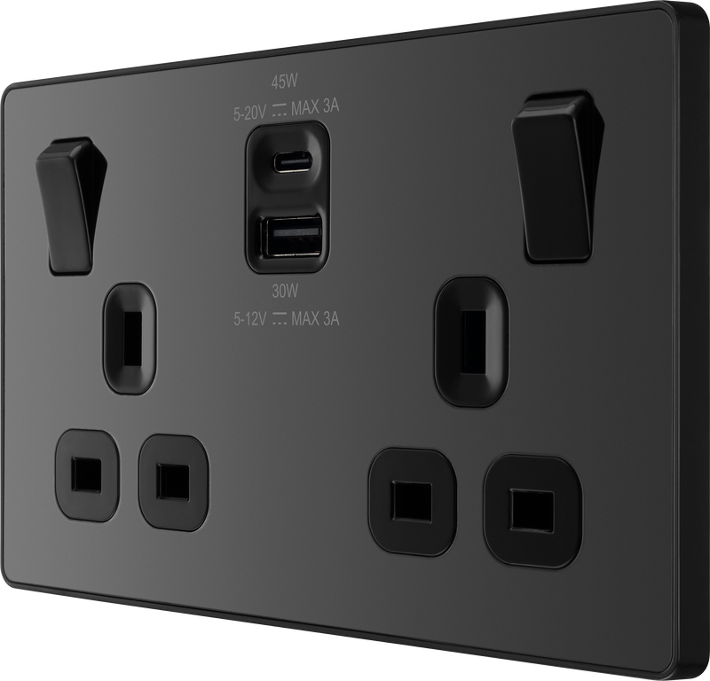 BG Electrical Evolve Black Chrome - Double switched single pole, with USB A + C (45W)