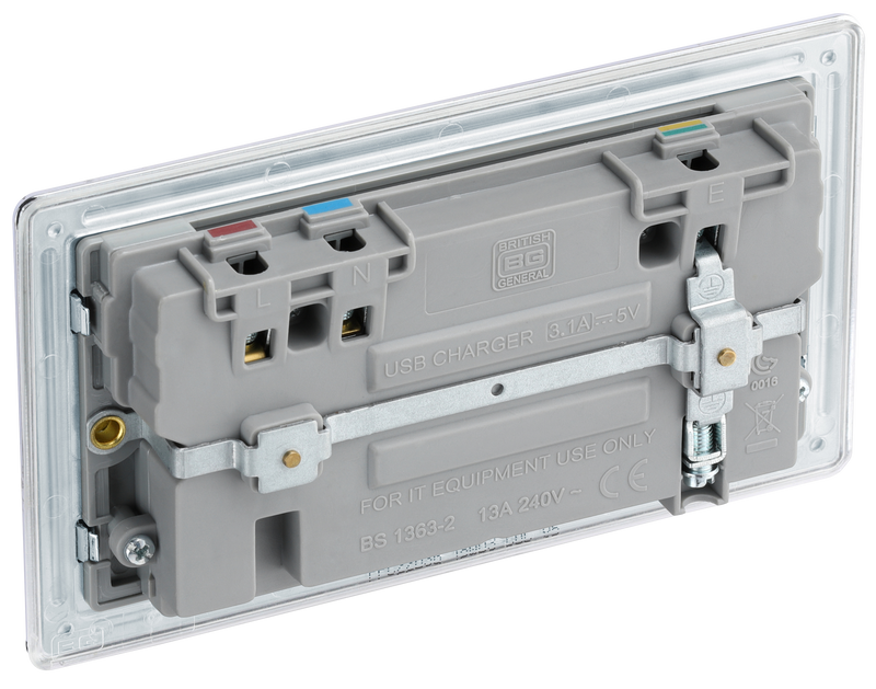 BG Electrical Flatplate Screwless Polished Chrome - Double switched, single pole, with 2 x USB A