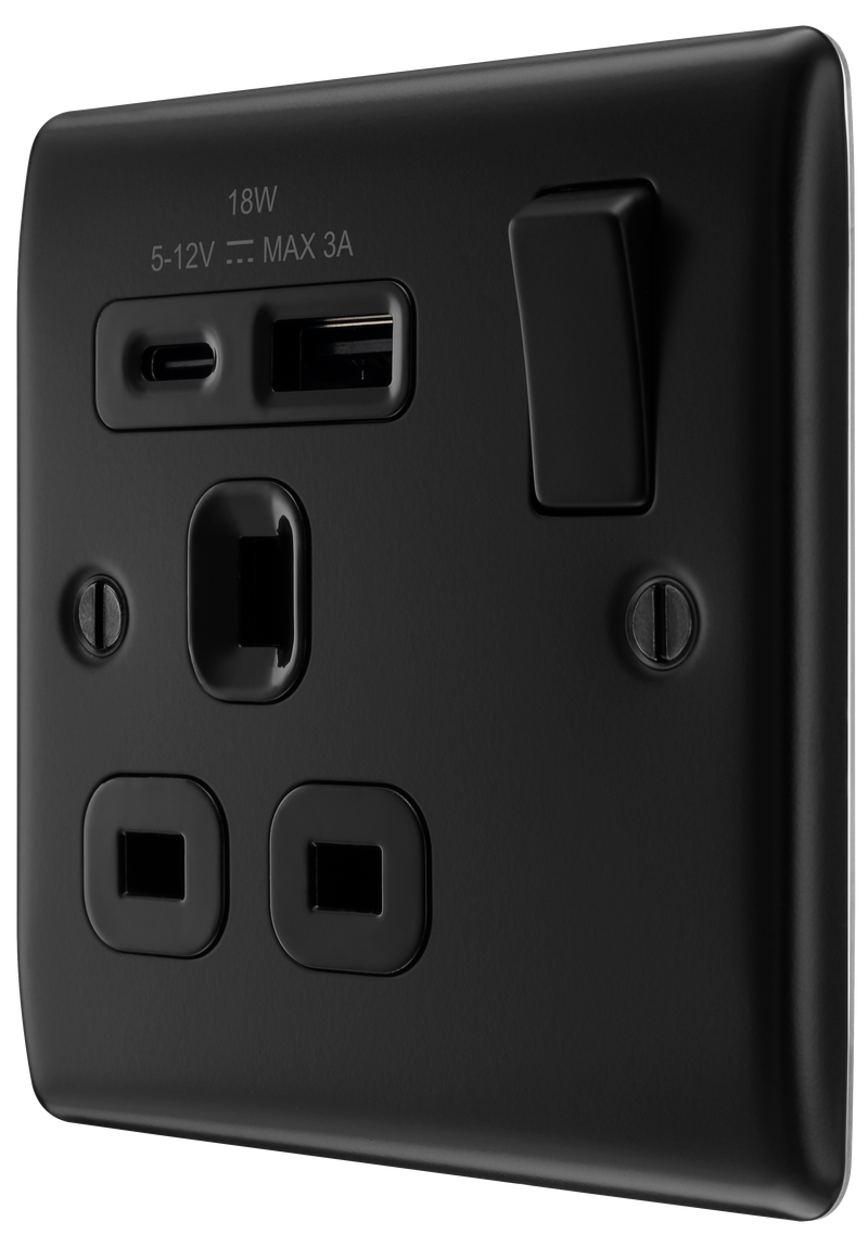 BG Electrical Nexus Metal Matt Black - Single, switched, single pole, with 1 x USB A + 1 x USB C