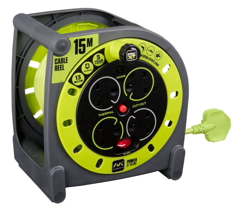 Masterplug Pro XT - 15m, 4 Sockets, 13A, Grey + Green