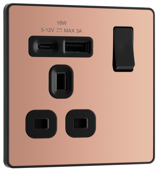BG Electrical Evolve Polished Copper - Single, switched, single pole, with 1 x USB A + 1 x USB C