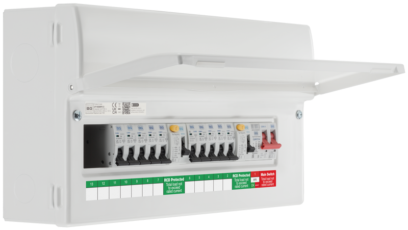 BG Circuit Protection Dual RCD SPD - 19 module, 12 way, 100A Main Switch, 2 x 80A Type A RCD, Type 2 SPD