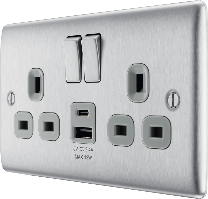 BG Electrical Nexus Metal Brushed Steel - Double switched single pole, with USB A + C (12W)