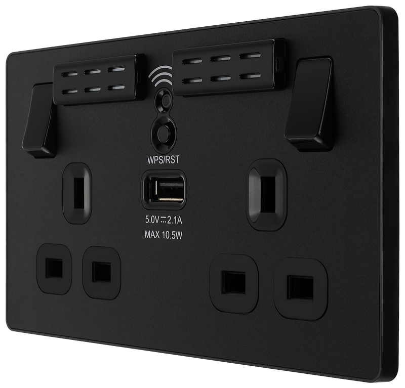 BG Electrical Evolve Matt Black - Double, switched, single pole, WiFi Extender + USB A
