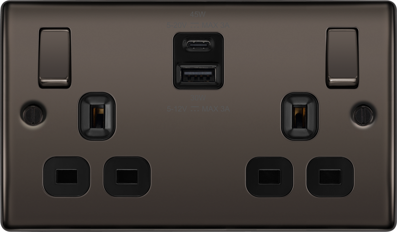 BG Electrical Nexus Metal Black Nickel - Double switched single pole, with USB A + C (45W)