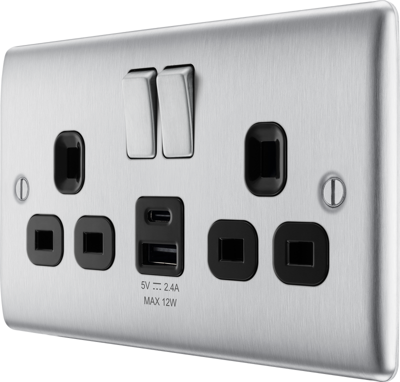 BG Electrical Nexus Metal Brushed Steel - Double switched single pole, with USB A + C (12W)