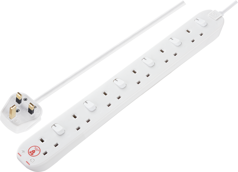 Masterplug Surge - 6 Sockets, 2m, 13A, White