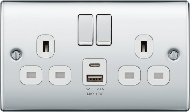 BG Electrical Nexus Metal Polished Chrome - Double switched single pole, with USB A + C (12W)