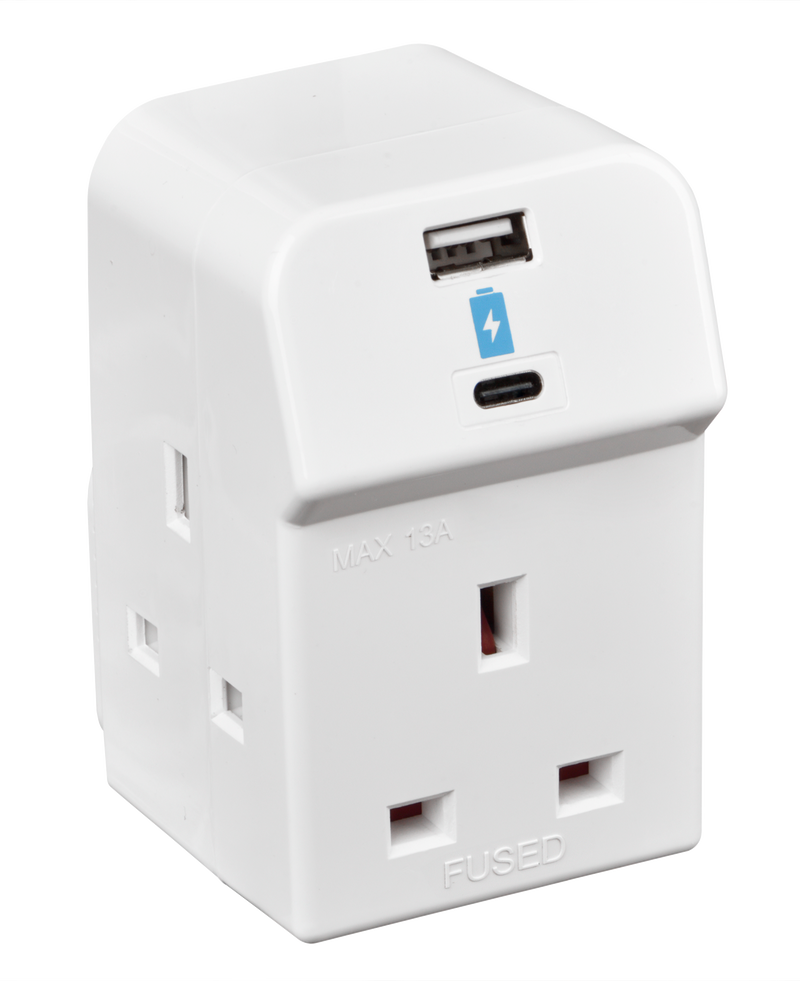 Masterplug USB - 3 Sockets, 10.5W USB A + C, White