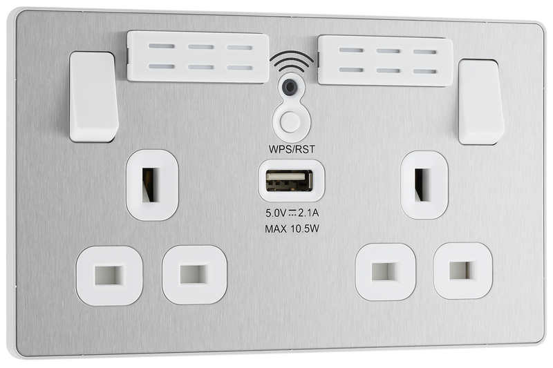 BG Electrical Evolve Brushed Steel - Double, switched, single pole, WiFi Extender + USB A