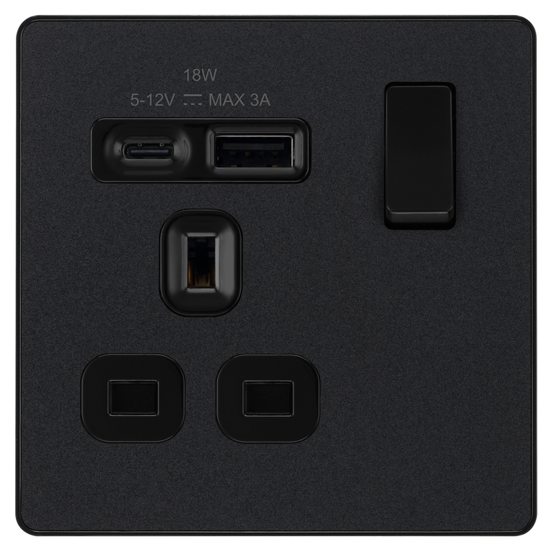 BG Electrical Evolve Matt Black - Single, switched, single pole, with 1 x USB A + 1 x USB C