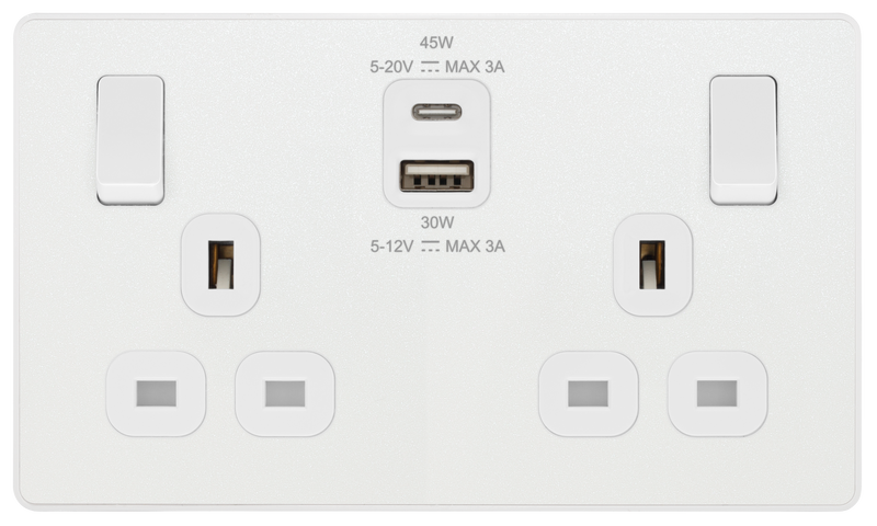 BG Electrical Evolve Pearlescent White - Double switched single pole, with USB A + C (45W)