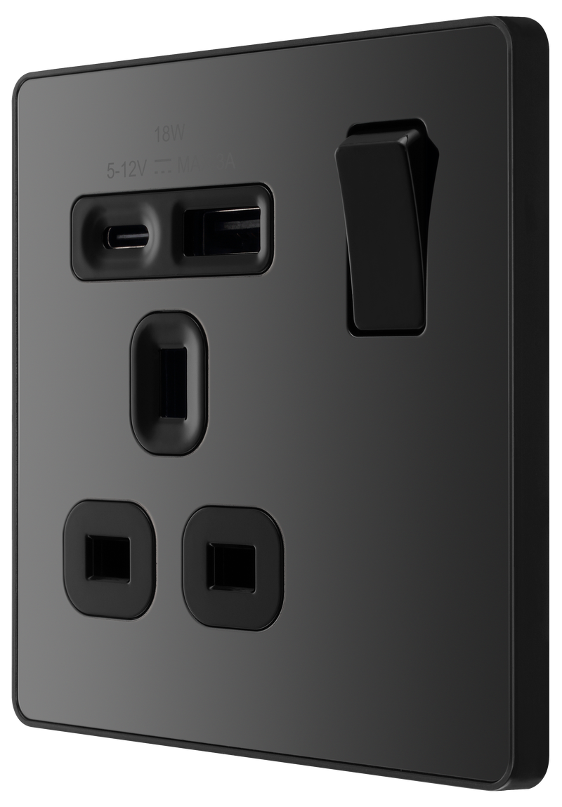 BG Electrical Evolve Black Chrome - Single, switched, single pole, with 1 x USB A + 1 x USB C