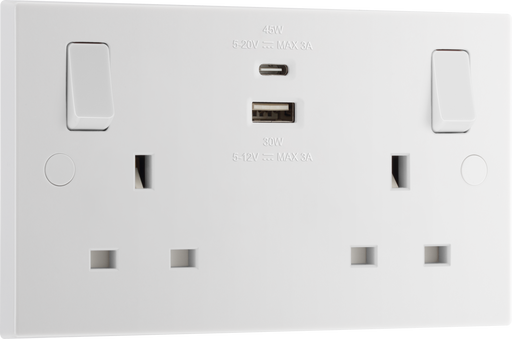 BG Electrical 900 Series - Double switched single pole, with USB A + C (45W)