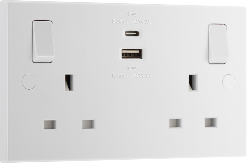 BG Electrical 900 Series - Double switched single pole, with USB A + C (45W)