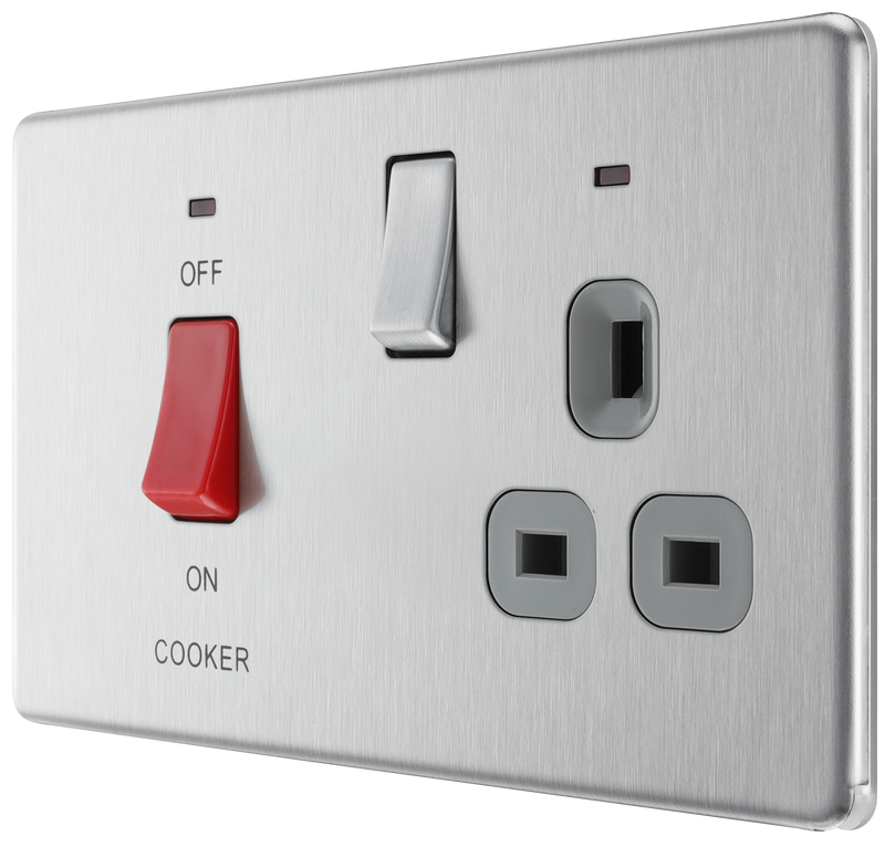 BG Electrical Flatplate Screwless Brushed Steel - 45A double pole, with switched socket and indicators