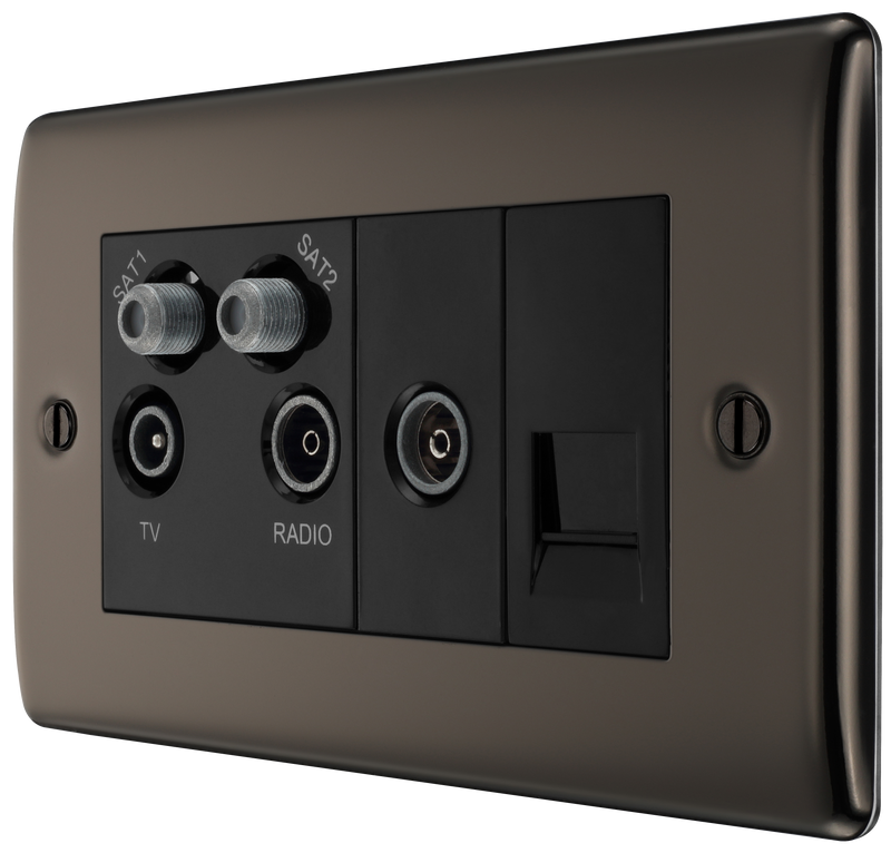 BG Electrical Nexus Metal Black Nickel - Quadplex, 2 x sat, BT outlet and co-ax returned - screened