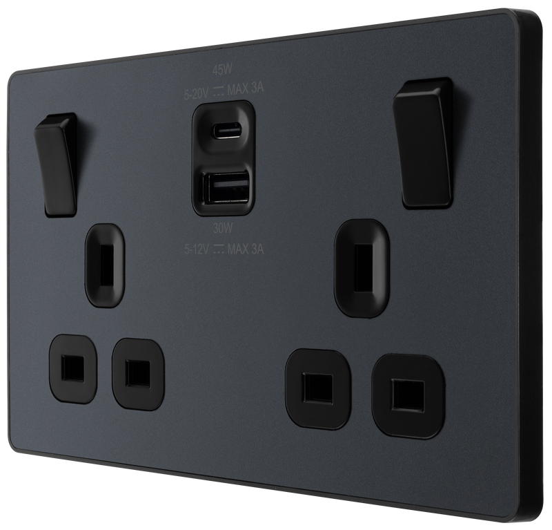 BG Electrical Evolve Matt Grey - Double switched single pole, with USB A + C (45W)
