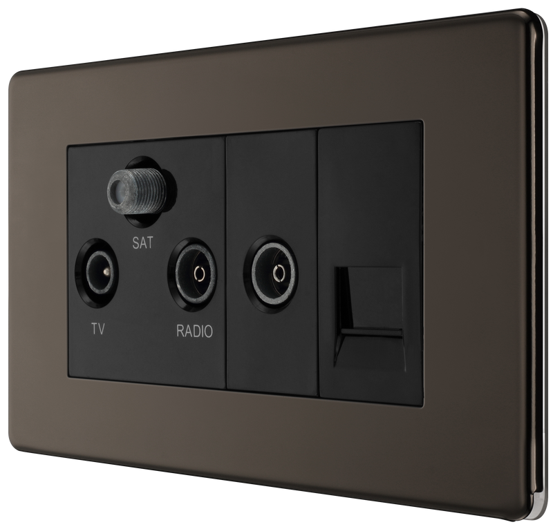 BG Electrical Flatplate Screwless Black Nickel - Triplex with BT outlet and co-axial return - screened