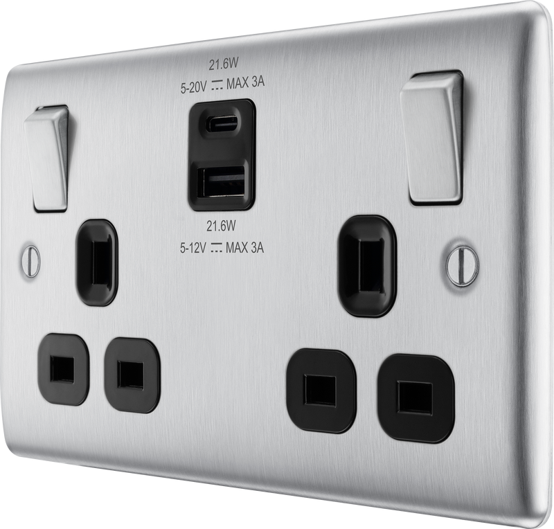 BG Electrical Nexus Metal Brushed Steel - Double switched single pole, with USB A + C (22W)