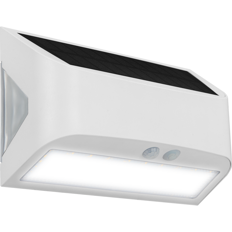 Luceco Prysm Wall Light - Prysm Decorative Outdoor Solar Wall Light with PIR Motion Sensor and USB Charging Port, LED Exterior Lighting, White, IP54, 6W, 600lm, 4000K