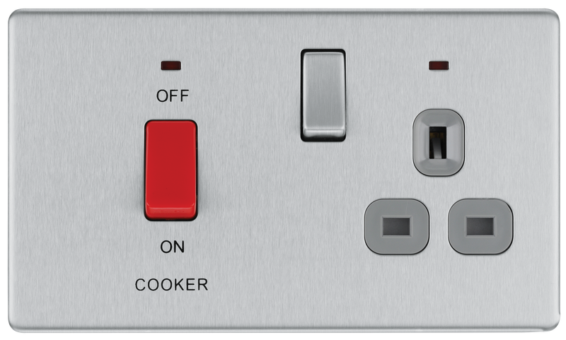 BG Electrical Flatplate Screwless Brushed Steel - 45A double pole, with switched socket and indicators