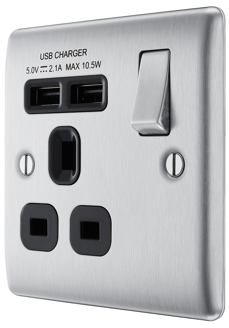 BG Electrical Nexus Metal Brushed Steel - Single switched, single pole, with 2 x USB A