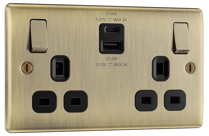 BG Electrical Nexus Metal Antique Brass - Double switched single pole, with USB A + C (22W)