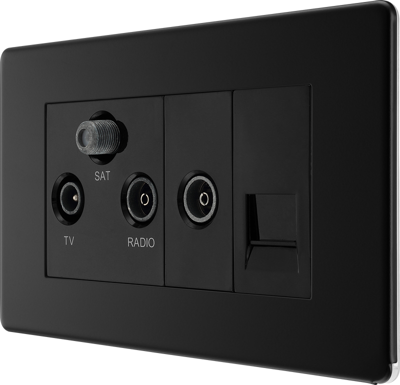BG Electrical Flatplate Screwless Matt Black - Triplex with BT outlet and co-axial return - screened