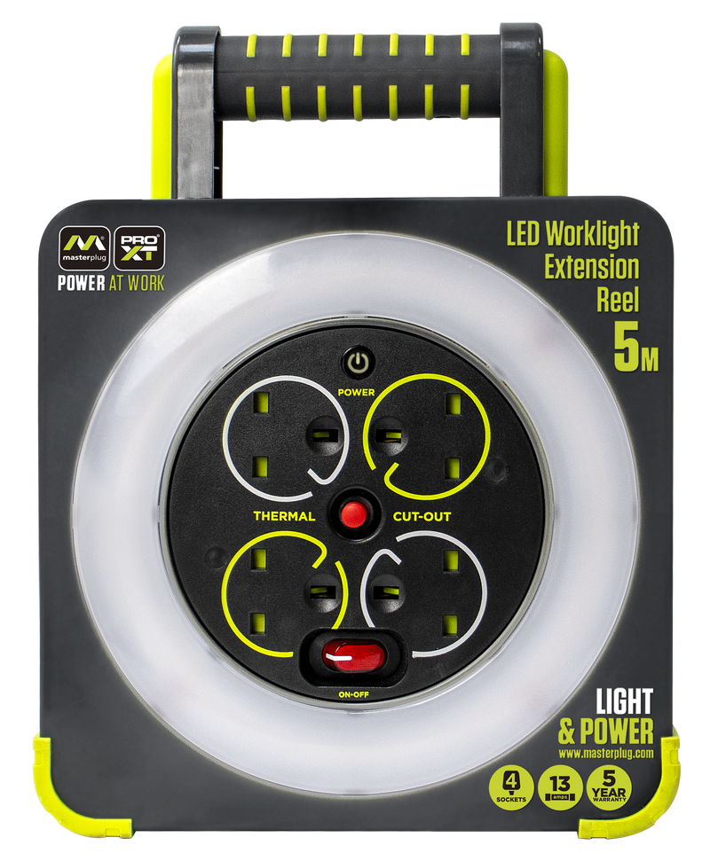 Masterplug Pro XT - 5m, 4 Sockets, 13A, Grey + Green